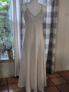 Women's Cream V-Neck Maxi Slip Dress with Spaghetti Straps